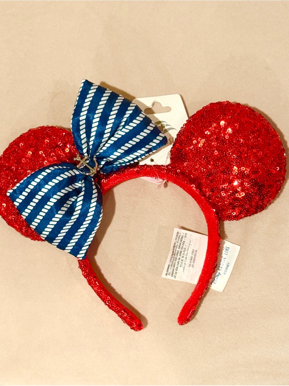 NWT Red Sequin Minnie Ears Headband with Blue Striped Bow and Anchor emelishment